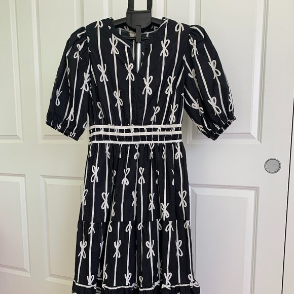 Umgee Womens Bow Tie Print Notched Contrast Velvet Trim Dress Ruffle Cotton Sz L - Picture 3 of 14